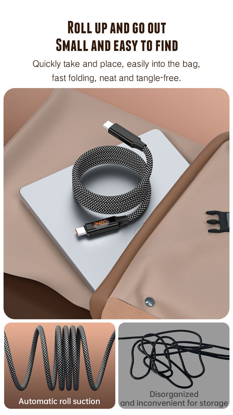 USB-C to USB-C Magnetic Charging Cable 240W, PD Fast Charge Braided Type-C Cable with Digital Power Display, for Laptop, Tablet and Smartphone (1m / 1.5m)