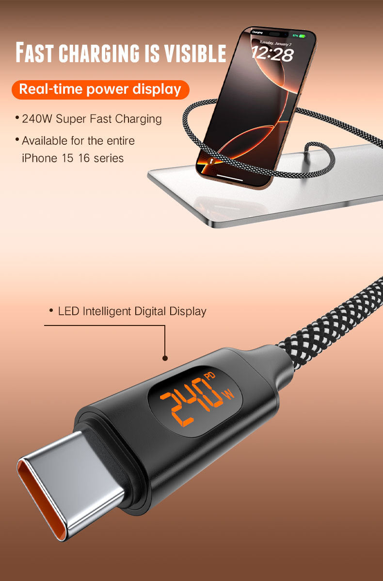 USB-C to USB-C Magnetic Charging Cable 240W, PD Fast Charge Braided Type-C Cable with Digital Power Display, for Laptop, Tablet and Smartphone (1m / 1.5m)