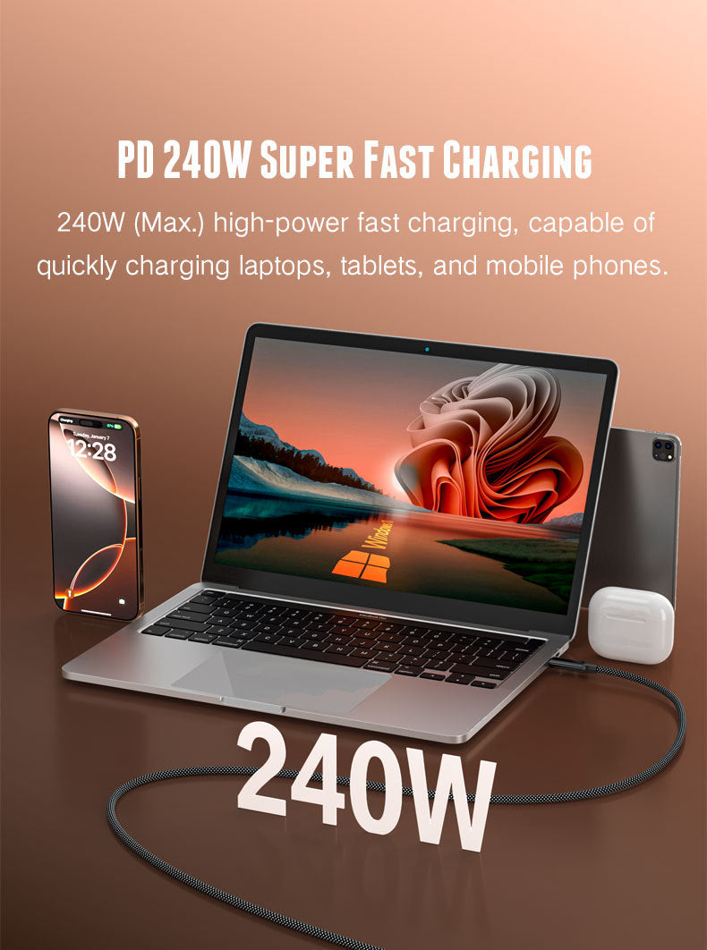 USB-C to USB-C Magnetic Charging Cable 240W, PD Fast Charge Braided Type-C Cable with Digital Power Display, for Laptop, Tablet and Smartphone (1m / 1.5m)