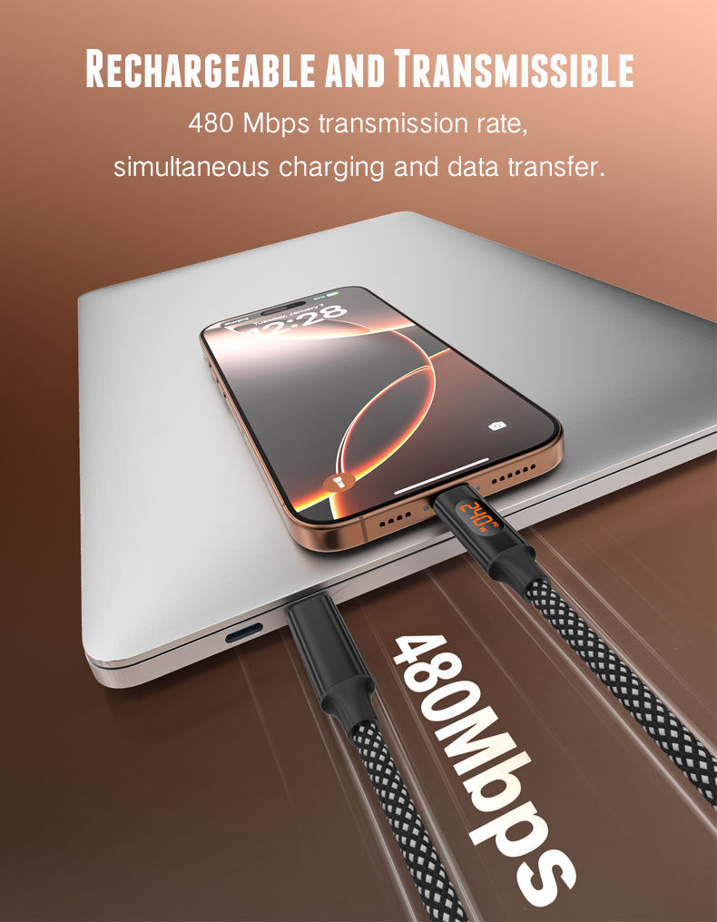 USB-C to USB-C Magnetic Charging Cable 240W, PD Fast Charge Braided Type-C Cable with Digital Power Display, for Laptop, Tablet and Smartphone (1m / 1.5m)