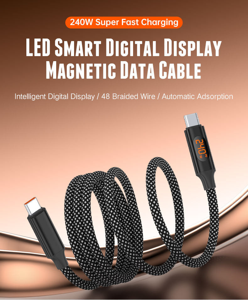 USB-C to USB-C Magnetic Charging Cable 240W, PD Fast Charge Braided Type-C Cable with Digital Power Display, for Laptop, Tablet and Smartphone (1m / 1.5m)