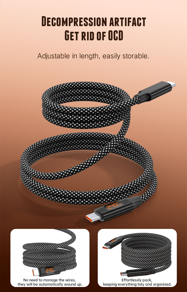 USB-C to USB-C Magnetic Charging Cable 240W, PD Fast Charge Braided Type-C Cable with Digital Power Display, for Laptop, Tablet and Smartphone (1m / 1.5m)
